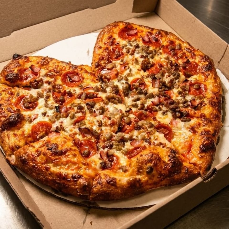 A freshly baked meat lover's pizza with pepperoni, sausage, and ham in a cardboard box.