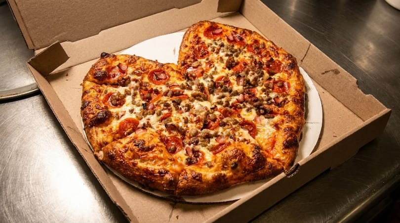 A freshly baked meat lover's pizza with pepperoni, sausage, and ham in a cardboard box.