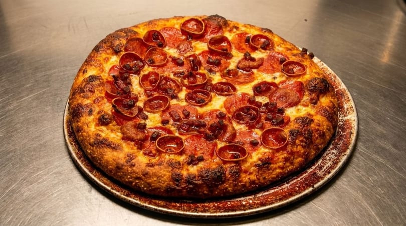 A freshly baked pepperoni and sausage pizza with a crispy crust on a metal pan.