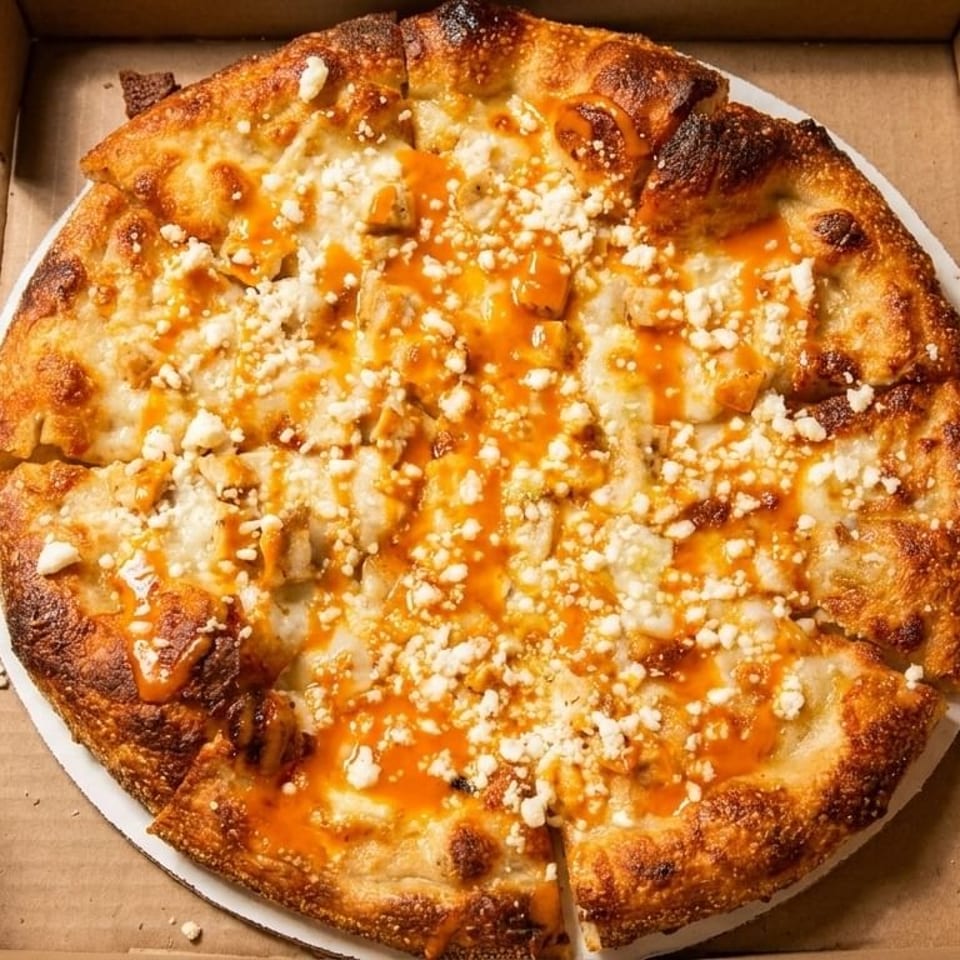 Buffalo chicken pizza with crumbled cheese and orange sauce in a cardboard delivery box.