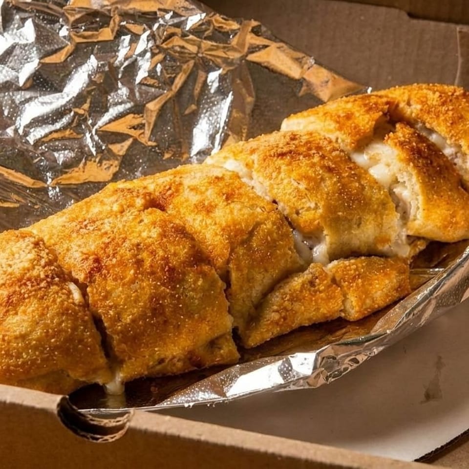 Golden-brown cheesy breadsticks, sliced and oozing with white cheese, in a cardboard box lined with foil.